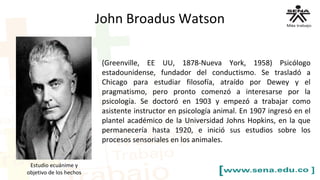 John Broadus Watson
(Greenville, EE UU, 1878-Nueva York, 1958) Psicólogo
estadounidense, fundador del conductismo. Se trasladó a
Chicago para estudiar filosofía, atraído por Dewey y el
pragmatismo, pero pronto comenzó a interesarse por la
psicología. Se doctoró en 1903 y empezó a trabajar como
asistente instructor en psicología animal. En 1907 ingresó en el
plantel académico de la Universidad Johns Hopkins, en la que
permanecería hasta 1920, e inició sus estudios sobre los
procesos sensoriales en los animales.
Estudio ecuánime y
objetivo de los hechos
 