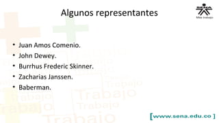 Algunos representantes
• Juan Amos Comenio.
• John Dewey.
• Burrhus Frederic Skinner.
• Zacharias Janssen.
• Baberman.
 
