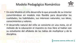 Modelo Pedagógico Romántico
• En este Modelo el niño desarrolla lo que procede de su interior
convirtiéndose en modelo más flexible para desarrollar las
cualidades, las habilidades, sus intereses naturales, sus ideas,
conocimientos y valores.
• El desarrollo natural del niño se convierte en una meta, en el
método de la educación el maestro es mas libre al hablar con
su estudiante del alfabeto de las tablas de multiplicar y de la
disciplina.
 