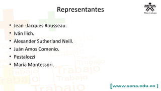 Representantes
• Jean -Jacques Rousseau.
• Iván llich.
• Alexander Sutherland Neill.
• Juán Amos Comenio.
• Pestalozzi
• María Montessori.
 