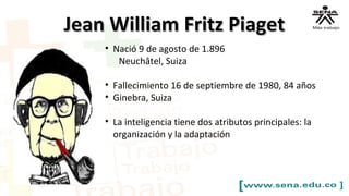 Jean William Fritz PiagetJean William Fritz Piaget
• Nació 9 de agosto de 1.896
Neuchâtel, Suiza
• Fallecimiento 16 de septiembre de 1980, 84 años
• Ginebra, Suiza
• La inteligencia tiene dos atributos principales: la
organización y la adaptación
 