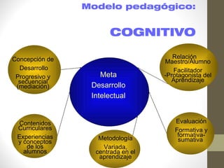 Modelo pedagógico:


                       COGNITIVO

Concepción de                         Relación
                                   Maestro/Alumno
  Desarrollo                          Facilitador
 Progresivo y       Meta           -Protagonista del
  secuencial                         Aprendizaje
 (mediación)     Desarrollo
                 Intelectual


  Contenidos                          Evaluación
 Curriculares                         Formativa y
 Experiencias                          formativa-
                   Metodología         sumativa
 y conceptos
    de los          Variada,
   alumnos        centrada en el
                   aprendizaje
 
