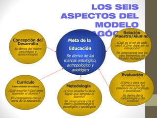 LOS SEIS
                             ASPECTOS DEL
                                  MODELO
                              PEDAGÓGICORelación
                                     Maestro/Alumno
  Concepción del                 Meta de la               ¿Cuál es el rol de cada
    Desarrollo                                           uno? ¿Cómo debe ser su
   Se deriva del marco           Educación                      interacción?
      psicológico y                                       En congruencia con los
     epistemológico
                              Se deriva de los              otro elementos del
                                                           Modelo Pedagógico
                             marcos ontológico,
                              antropológico y
                                 axiológico
                                                             Evaluación
     Curriculo                                              ¿Cómo y para qué
  Como síntesis de cultura     Metodología                  retroalimentar los
                                                         procesos de aprendizaje
¿Qué enseñar?¿Qué debe       ¿Cómo enseñar?¿Cómo              y enseñanza?
  aprender el alumno?         lograr que aprenda el
                                     alumno?                 Se deriva de la
 En congruencia con la                                      metodología y del
  meta de la educación        En congruencia con el              currículo
                              marco epistemológico,
                             psicológico y sociológico
 
