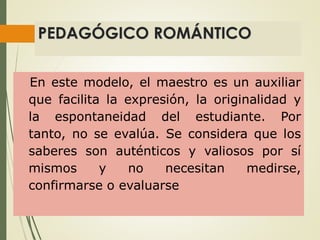 PEDAGÓGICO ROMÁNTICO
En este modelo, el maestro es un auxiliar
que facilita la expresión, la originalidad y
la espontaneidad del estudiante. Por
tanto, no se evalúa. Se considera que los
saberes son auténticos y valiosos por sí
mismos y no necesitan medirse,
confirmarse o evaluarse
 