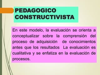PEDAGOGICO
CONSTRUCTIVISTA
En este modelo, la evaluación se orienta a
conceptualizar sobre la comprensión del
proceso de adquisición de conocimientos
antes que los resultados La evaluación es
cualitativa y se enfatiza en la evaluación de
procesos.
 
