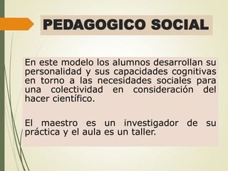 PEDAGOGICO SOCIAL
En este modelo los alumnos desarrollan su
personalidad y sus capacidades cognitivas
en torno a las necesidades sociales para
una colectividad en consideración del
hacer científico.
El maestro es un investigador de su
práctica y el aula es un taller.
 