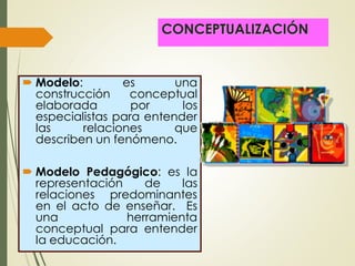 CONCEPTUALIZACIÓN
 Modelo: es una
construcción conceptual
elaborada por los
especialistas para entender
las relaciones que
describen un fenómeno.
 Modelo Pedagógico: es la
representación de las
relaciones predominantes
en el acto de enseñar. Es
una herramienta
conceptual para entender
la educación.
 