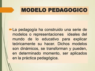 MODELO PEDAGOGICO
La pedagogía ha construido una serie de
modelos o representaciones ideales del
mundo de lo educativo para explicar
teóricamente su hacer. Dichos modelos
son dinámicos, se transforman y pueden,
en determinado momento, ser aplicados
en la práctica pedagógica.
 