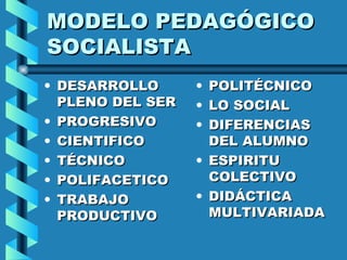 MODELO PEDAGÓGICO SOCIALISTA DESARROLLO PLENO DEL SER PROGRESIVO CIENTIFICO TÉCNICO  POLIFACETICO TRABAJO PRODUCTIVO POLITÉCNICO LO SOCIAL DIFERENCIAS DEL ALUMNO ESPIRITU COLECTIVO DIDÁCTICA MULTIVARIADA 