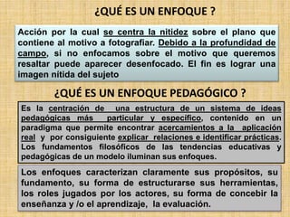 Es la centración de una estructura de un sistema de ideas
pedagógicas más particular y específico, contenido en un
paradigma que permite encontrar acercamientos a la aplicación
real y por consiguiente explicar relaciones e identificar prácticas.
Los fundamentos filosóficos de las tendencias educativas y
pedagógicas de un modelo iluminan sus enfoques.
¿QUÉ ES UN ENFOQUE ?
Acción por la cual se centra la nitidez sobre el plano que
contiene al motivo a fotografiar. Debido a la profundidad de
campo, si no enfocamos sobre el motivo que queremos
resaltar puede aparecer desenfocado. El fin es lograr una
imagen nítida del sujeto
¿QUÉ ES UN ENFOQUE PEDAGÓGICO ?
Los enfoques caracterizan claramente sus propósitos, su
fundamento, su forma de estructurarse sus herramientas,
los roles jugados por los actores, su forma de concebir la
enseñanza y /o el aprendizaje, la evaluación.
 