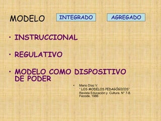 MODELO
• INSTRUCCIONAL
• REGULATIVO
• MODELO COMO DISPOSITIVO
DE PODER
• Mario Díaz V.
“ LOS MODELOS PEDAGÓGICOS”
Revista Educación y Cultura. N° 7-8.
Fecode. 1986
INTEGRADO AGREGADO
 