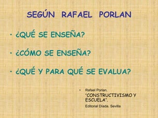 SEGÚN RAFAEL PORLAN
• ¿QUÉ SE ENSEÑA?
• ¿CÓMO SE ENSEÑA?
• ¿QUÉ Y PARA QUÉ SE EVALUA?
• Rafael Porlan.
“CONSTRUCTIVISMO Y
ESCUELA”.
Editorial Díada. Sevilla
 