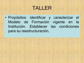 TALLER
• Propósitos: identificar y caracterizar el
Modelo de Formación vigente en la
Institución. Establecer las condiciones
para su reestructuración.
 