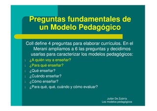 Preguntas fundamentales de
       un Modelo Pedagógico

Coll define 4 preguntas para elaborar currículos. En el
    Merani ampliamos a 6 las preguntas y decidimos
  usarlas para caracterizar los modelos pedagógicos:
l   ¿A quién voy a enseñar?
l   ¿Para qué enseñar?
l   ¿Qué enseñar?
l   ¿Cuándo enseñar?
l   ¿Cómo enseñar?
l   ¿Para qué, qué, cuándo y cómo evaluar?


                                                 Julián De Zubiría
                                             Los modelos pedagógicos
 