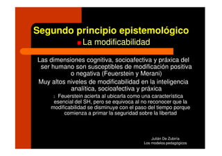 Segundo principio epistemológico
                 La modificabilidad

Las dimensiones cognitiva, socioafectiva y práxica del
 ser humano son susceptibles de modificación positiva
           o negativa (Feuerstein y Merani)
Muy altos niveles de modificabilidad en la inteligencia
           analítica, socioafectiva y práxica
     lFeuerstein acierta al ubicarla como una característica
     esencial del SH, pero se equivoca al no reconocer que la
    modificabilidad se disminuye con el paso del tiempo porque
         comienza a primar la seguridad sobre la libertad



                                              Julián De Zubiría
                                          Los modelos pedagógicos
 