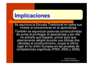 Implicaciones
l   Se equivoca la Escuela Tradicional en todos sus
       niveles al concentrarse en el aprendizaje
l   También se equivocan posturas constructivistas
     de punta al privilegiar el aprendizaje y por ello
        no extraña que España, primer país que
     abiertamente adoptó durante sus últimas dos
      décadas el constructivismo, ocupe el último
     lugar en la Unión Europea en las pruebas de
     competencias cognitivas (PISA, 2003 y 2006)

                                          Julián De Zubiría
                                      Los modelos pedagógicos
 