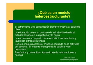 ¿Qué es un modelo
                  heteroestructurante?

El saber como una construcción siempre externa al salón de
clase
La educación como un proceso de asimilación desde el
exterior basado en la repetición y la copia
La escuela como espacio para reproducir conocimiento y
favorecer el trabajo rutinario
Escuela magistrocentrista. Proceso centrado en la actividad
del docente. El maestro monopoliza la palabra y las
decisiones.
Propósitos y contenidos: Aprendizaje de informaciones y
normas
                                             Julián De Zubiría
                                         Los modelos pedagógicos
 