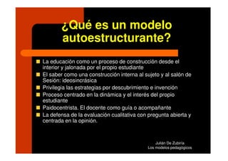 ¿Qué es un modelo
       autoestructurante?
La educación como un proceso de construcción desde el
interior y jalonada por el propio estudiante
El saber como una construcción interna al sujeto y al salón de
Sesión: ideosincrásica
Privilegia las estrategias por descubrimiento e invención
Proceso centrado en la dinámica y el interés del propio
estudiante
Paidocentrista. El docente como guía o acompañante
La defensa de la evaluación cualitativa con pregunta abierta y
centrada en la opinión.



                                               Julián De Zubiría
                                           Los modelos pedagógicos
 