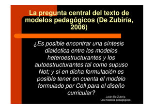 La pregunta central del texto de
modelos pedagógicos (De Zubiría,
             2006)

  ¿Es posible encontrar una síntesis
      dialéctica entre los modelos
       heteroestructurantes y los
  autoestructurantes tal como supuso
   Not; y si en dicha formulación es
   posible tener en cuenta el modelo
   formulado por Coll para el diseño
               curricular?
                              Julián De Zubiría
                          Los modelos pedagógicos
 