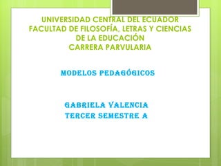 UNIVERSIDAD CENTRAL DEL ECUADOR
FACULTAD DE FILOSOFÍA, LETRAS Y CIENCIAS
           DE LA EDUCACIÓN
         CARRERA PARVULARIA


       MODELOS PEDAGÓGICOS



        GABRIELA VALENCIA
        TERCER SEMESTRE A
 