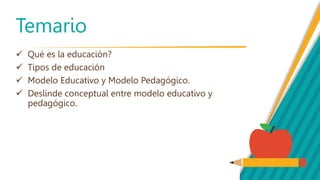 Temario
 Qué es la educación?
 Tipos de educación
 Modelo Educativo y Modelo Pedagógico.
 Deslinde conceptual entre modelo educativo y
pedagógico.
 