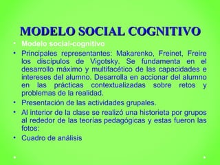 MMOODDEELLOO SSOOCCIIAALL CCOOGGNNIITTIIVVOO 
• Modelo social-cognitivo 
• Principales representantes: Makarenko, Freinet, Freire 
los discípulos de Vigotsky. Se fundamenta en el 
desarrollo máximo y multifacético de las capacidades e 
intereses del alumno. Desarrolla en accionar del alumno 
en las prácticas contextualizadas sobre retos y 
problemas de la realidad. 
• Presentación de las actividades grupales. 
• Al interior de la clase se realizó una historieta por grupos 
al rededor de las teorías pedagógicas y estas fueron las 
fotos: 
• Cuadro de análisis 
 