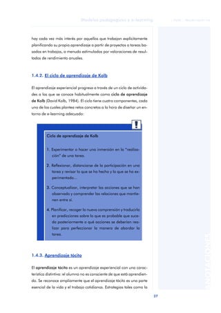 27
Modelos pedagógicos y e-learning
ANOTACIONES
© FUOC • P06/M1103/01178
hay cada vez más interés por aquellos que trabajan explícitamente
planificando su propio aprendizaje a partir de proyectos o tareas ba-
sados en trabajos, a menudo estimulados por valoraciones de resul-
tados de rendimiento anuales.
1.4.2. El ciclo de aprendizaje de Kolb
El aprendizaje experiencial progresa a través de un ciclo de activida-
des a las que se conoce habitualmente como ciclo de aprendizaje
de Kolb (David Kolb, 1984). El ciclo tiene cuatro componentes, cada
uno de los cuales plantea retos concretos a la hora de diseñar un en-
torno de e-learning adecuado:
1.4.3. Aprendizaje tácito
El aprendizaje tácito es un aprendizaje experiencial con una carac-
terística distintiva: el alumno no es consciente de que está aprendien-
do. Se reconoce ampliamente que el aprendizaje tácito es una parte
esencial de la vida y el trabajo cotidianos. Estrategias tales como la
aaa
Ciclo de aprendizaje de Kolb
1. Experimentar o hacer una inmersión en la “realiza-
ción” de una tarea.
2. Reflexionar, distanciarse de la participación en una
tarea y revisar lo que se ha hecho y lo que se ha ex-
perimentado...
3. Conceptualizar, interpretar las acciones que se han
observado y comprender las relaciones que mantie-
nen entre sí.
4. Planificar, recoger la nueva comprensión y traducirla
en predicciones sobre lo que es probable que suce-
da posteriormente o qué acciones se deberían rea-
lizar para perfeccionar la manera de abordar la
tarea.
 
