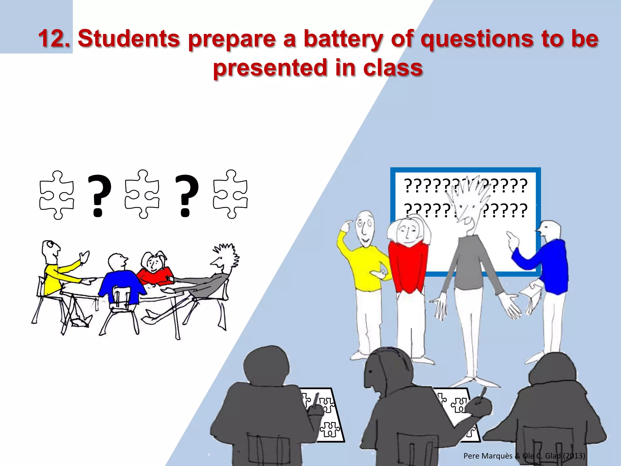 10. Students present and discuss their work on the DWB (monographs, WebQuests) 
? 
Pere Marquès & Ole C. Glad (2013)  