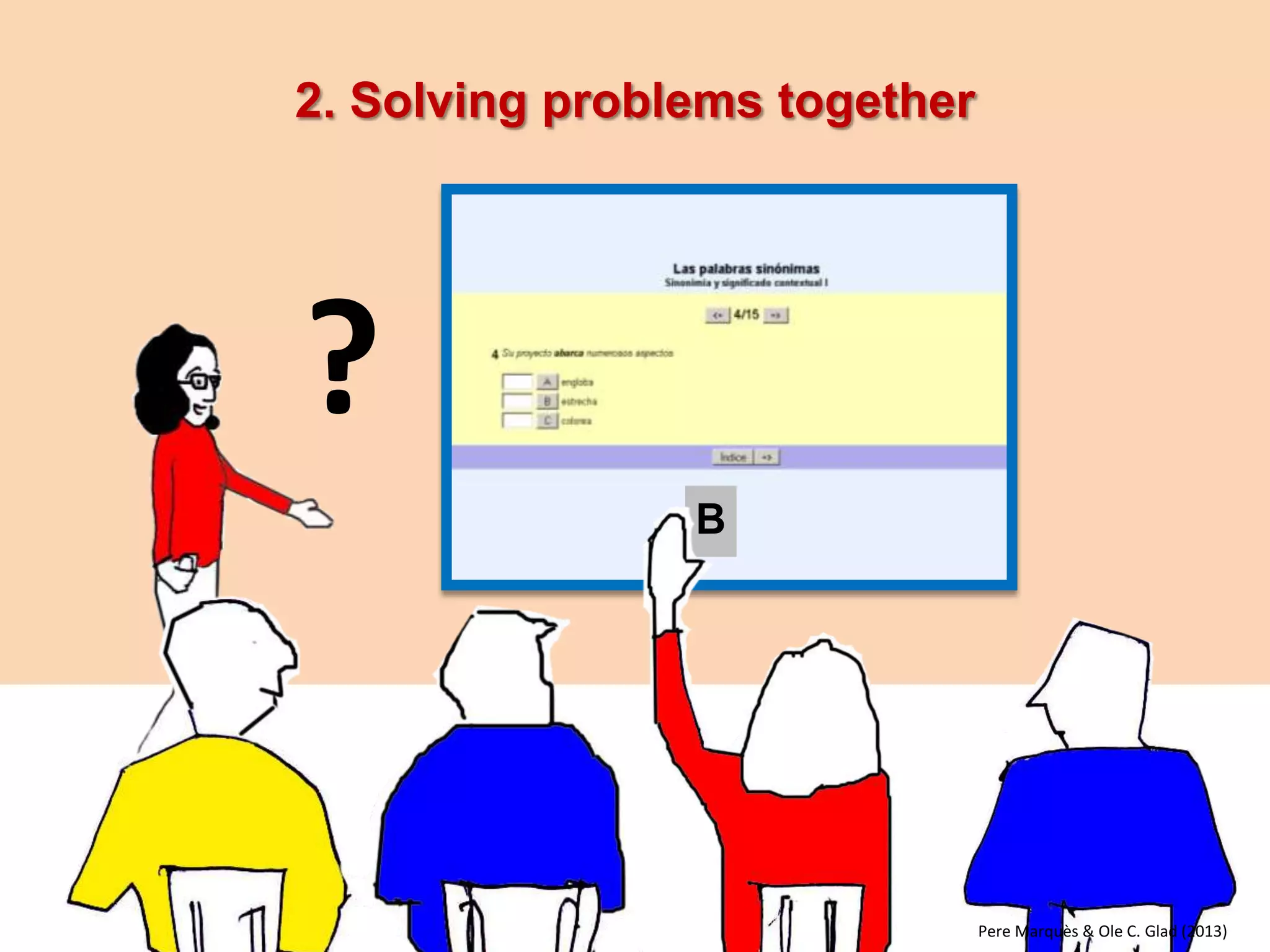 A good addition to digital whiteboards: the document camera 
•It is a video camera with zoom built into an adjustable foot that moves the height and angle of the camera. 
•It can be connected to a computer with DWB or directly to a projector or large monitor classroom. 
•It can display and scan any paper document or three-dimensional object, multiplying the educational possibilities of the DWB (which only displays digital documents). 
PD Pere Marquès (2008)  