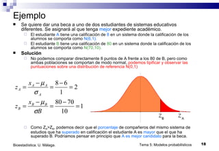 Ejemplo Se quiere dar una beca a uno de dos estudiantes de sistemas educativos diferentes. Se asignará al que tenga  mejor  expediente académico. El estudiante  A  tiene una calificación de  8  en un sistema donde la calificación de los alumnos se comporta como  N(6,1). El estudiante  B  tiene una calificación de  80  en un sistema donde la calificación de los alumnos se comporta como  N(70,10). Solución No podemos comparar directamente 8 puntos de A frente a los 80 de B, pero como ambas poblaciones se comportan de modo normal,  podemos tipificar y observar las puntuaciones sobre una distribución de referencia N(0,1) Como Z A >Z B , podemos decir que el  porcentaje  de compañeros del mismo sistema de estudios que ha  superado  en calificación el estudiante A es  mayor  que el que ha superado B. Podríamos pensar en principio que  A es mejor candidato  para la beca. Tema 5: Modelos probabilísticos Bioestadística. U. Málaga. 
