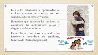 Dan a los estudiantes la oportunidad de
explorar y entrar en contacto con sus
sentidos, autoconceptos y valores.
Educación que involucra los sentidos, las
emociones, las motivaciones, gestos y
disgustos de los estudiantes.
Desarrollo de contenidos de acuerdo a los
intereses y necesidades del estudiante,
fomento de efectividad personal.
 
