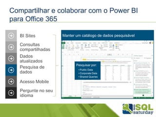 Compartilhar e colaborar com o Power BI
para Office 365
Consultas
compartilhadas
Dados
atualizados
Pesquisa de
dados
Acesso Mobile
BI Sites
Pergunte no seu
idioma
Pesquisar por:
• Public Data
• Corporate Data
• Shared Queries
 