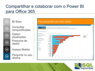 Compartilhar e colaborar com o Power BI
para Office 365
Consultas
compartilhadas
Dados
atualizados
Pesquisa de
dados
Acesso Mobile
BI Sites
Pergunte no seu
idioma
 