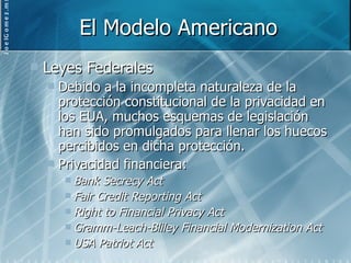 El Modelo Americano Leyes Federales Debido a la incompleta naturaleza de la protección constitucional de la privacidad en los EUA, muchos esquemas de legislación han sido promulgados para llenar los huecos percibidos en dicha protección. Privacidad financiera: Bank Secrecy Act Fair Credit Reporting Act Right to Financial Privacy Act Gramm-Leach-Bliley Financial Modernization Act USA Patriot Act 