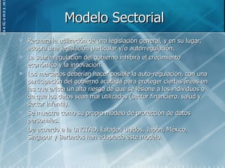 Modelo Sectorial Rechaza la utilización de una legislación general, y en su lugar, adopta una legislación particular y/o autorregulación. La sobre-regulación del gobierno inhibirá el crecimiento económico y la innovación. Los mercados deberían hacer posible la auto-regulación, con una participación del gobierno acotada para proteger ciertas áreas en las que exista un alto riesgo de que se lesione a los individuos o de que los datos sean mal utilizados (sector financiero, salud y sector infantil). Se muestra como su propio modelo de protección de datos personales.  De acuerdo a la UNCTAD, Estados Unidos, Japón, México, Singapur y Barbados han adoptado este modelo. 
