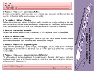 Simone
Helen
Drumond
simone_drumond@hotmail.com
ESCOLA ..............................................................................................................................
ALUNO (A): ..........................................................................................................................
PROFESSOR (A): ................................................................................................................
ASSINATURA DOS RESPONSAVEIS ..........................................................................................................................
.............................................................................................................................. Data .........../............/...........
1º Aspectos relacionados ao emocional-afeto:
É uma menina esperta e carinhosa com bom potencial para aprender, atende muito bem às
ordens e limites isso facilita a comunicação entre nós.
2º Formação de Hábitos e Atitudes:
A aluna demonstra bons hábitos de higiene, porém percebo que precisa melhorar a atenção
e concentração por várias vezes ocasionadas pelas conversas paralelas e as brincadeiras
foram constantes impedindo-lhe de uma melhor participação no momento de estudo.
3º Aspectos relacionados ao social:
Percebo que a aluna tem bom relacionamento com os colegas de turma e professores.
4º Aspectos Psicomotores:
Percebe-se que tem boa coordenação ao pegar no lápis para traçar letras e números, utiliza
a tesoura corretamente para recortar e fazer trabalhos de colagem.
5º Aspectos relacionados à aprendizagem:
Neste trimestre percebi que a aluna avançou com relação à leitura, porém precisa melhorar
a organização e a interpretação de textos orais e escritos para que tenha mais segurança
neste sentido.
6º Aspectos relacionados ao acompanhamento familiar:
Por várias vezes a aluna esqueceu-se de realizar deveres de casa e de trazer os materiais
escolares, espero que a família acompanhe-a e oriente-a para que no próximo trimestre
tenha um melhor desempenho.
 