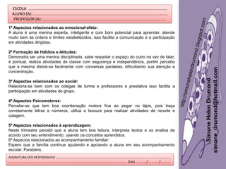 Simone
Helen
Drumond
simone_drumond@hotmail.com
ESCOLA ..............................................................................................................................
ALUNO (A): ..........................................................................................................................
PROFESSOR (A): ................................................................................................................
ASSINATURA DOS RESPONSAVEIS ..........................................................................................................................
.............................................................................................................................. Data .........../............/...........
1º Aspectos relacionados ao emocional-afeto:
A aluna é uma menina esperta, inteligente e com bom potencial para aprender, atende
muito bem às ordens e limites estabelecidos, isso facilita a comunicação e a participação
em atividades dirigidas.
2º Formação de Hábitos e Atitudes:
Demonstra ser uma menina disciplinada, sabe respeitar o espaço do outro na vez de falar,
é pontual, realiza atividades de classe com segurança e independência, porém percebo
que a mesma distrai-se facilmente com conversas paralelas, dificultando sua atenção e
concentração.
3º Aspectos relacionados ao social:
Relaciona-se bem com os colegas de turma e professores é prestativa isso facilita a
participação em atividades de grupo.
4º Aspectos Psicomotores:
Percebe-se que tem boa coordenação motora fina ao pegar no lápis, pois traça
corretamente letras e números, utiliza a tesoura para realizar atividades de recorte e
colagem.
5º Aspectos relacionados à aprendizagem:
Neste trimestre percebi que a aluna tem boa leitura, interpreta textos e os analisa de
acordo com seu entendimento, usando os conceitos aprendidos.
6º Aspectos relacionados ao acompanhamento familiar:
Espero que a família continue ajudando e apoiando a aluna em seu acompanhamento
escolar. Parabéns.
 