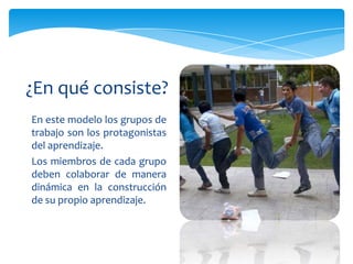 En este modelo los grupos de
trabajo son los protagonistas
del aprendizaje.
Los miembros de cada grupo
deben colaborar de manera
dinámica en la construcción
de su propio aprendizaje.
¿En qué consiste?
 