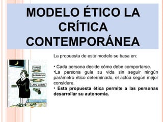 MODELO ÉTICO LA CRÍTICA CONTEMPORÁNEA La propuesta de este modelo se basa en: Cada persona decide cómo debe comportarse. La persona guía su vida sin seguir ningún parámetro ético determinado, el actúa según mejor considere. Esta propuesta ética permite a las personas desarrollar su autonomía. 