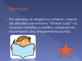    Por ejemplo el diagrama anterior carece
    de detalles y el entorno “thinker tools” no
    muestra cohetes o platillos voladores en
    movimiento sino simplemente puntos.
 