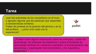 Lean las anécdotas de los compañeros en el muro
y agrupen algunas que les parezcan que responden
a características similares.
Traten de ponerse en la posición del alumno y en la
del profesor… ¿cómo vivió cada uno la
experiencia?
Tarea
¿Pueden hacer alguna observación sobre los enfoques y estilos de
aprendizaje, los enfoques de enseñanza o sobre el ambiente de
aprendizaje teniendo en cuenta los propósitos, el enmarcamiento, las
secuencias y organización del conocimiento, y los requisitos y
exigencias?
 