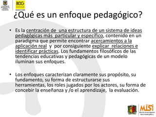 ¿Qué es un enfoque pedagógico?<br />Es la centración de  una estructura de un sistema de ideas pedagógicas más  particular...