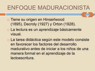 ENFOQUE MADURACIONISTA
   Tiene su origen en Hinserlwood
    (1895), Decroly (1927) y Orton (1928).
   La lectura es un aprendizaje básicamente
    visual.
   La tarea didáctica según este modelo consiste
    en favorecer los factores del desarrollo
    madurativo antes de iniciar a los niños de una
    manera formal en el aprendizaje de la
    lectoescritura.
 