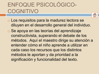 ENFOQUE PSICOLÓGICO-
COGNITIVO
   Los requisitos para la madurez lectora se
    diluyen en el desarrollo general del individuo.
   Se apoya en las teorías del aprendizaje
    constructivista, superando el debate de los
    métodos. Aquí el maestro dirige su atención a
    entender cómo el niño aprende a utilizar en
    cada caso los recursos que los distintos
    métodos le aportan y da prioridad a la
    significación y funcionalidad del texto.
 