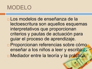 MODELO
 Los modelos de enseñanza de la
  lectoescritura son aquellos esquemas
  interpretativos que proporcionan
  criterios y pautas de actuación para
  guiar el proceso de aprendizaje.
 Proporcionan referencias sobre cómo
  enseñar a los niños a leer y escribir.
 Mediador entre la teoría y la práctica.
 