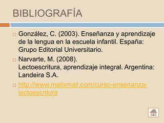 BIBLIOGRAFÍA
   González, C. (2003). Enseñanza y aprendizaje
    de la lengua en la escuela infantil. España:
    Grupo Editorial Universitario.
   Narvarte, M. (2008).
    Lectoescritura, aprendizaje integral. Argentina:
    Landeira S.A.
   http://www.mailxmail.com/curso-ensenanza-
    lectoescritura
 
