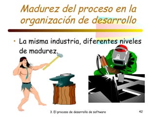Madurez del proceso en la 
organización de desarrollo 
• La misma industria, diferentes niveles 
de madurez. 
3. El proceso de desarrollo de software 42 
 