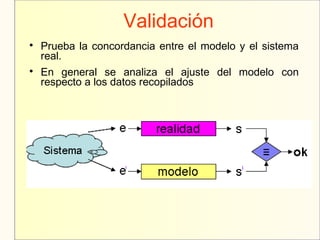 Validación

Prueba la concordancia entre el modelo y el sistema
real.

En general se analiza el ajuste del modelo con
respecto a los datos recopilados
 