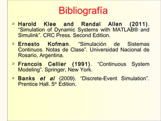 Bibliografía

Harold Klee and Randal Allen (2011).
“Simulation of Dynamic Systems with MATLAB® and
Simulink”. CRC Press. Second Edition.

Ernesto Kofman. “Simulación de Sistemas
Continuos. Notas de Clase”. Universidad Nacional de
Rosario, Argentina.

Francois Cellier (1991). “Continuous System
Modeling”. Springer, New York.

Banks et al (2009). “Discrete-Event Simulation”.
Prentice Hall. 5th
Edition.
 