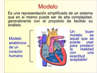 Modelo
Es una representación simplificada de un sistema
que en si mismo puede ser de alta complejidad,
generalmente con el propósito de facilitar su
análisis.
Modelo
anatómico
de un
corazón
humano
Un buen
modelo es
aquel que se
puede usar
para predecir
la realidad
con una
exactitud
aceptable!
 